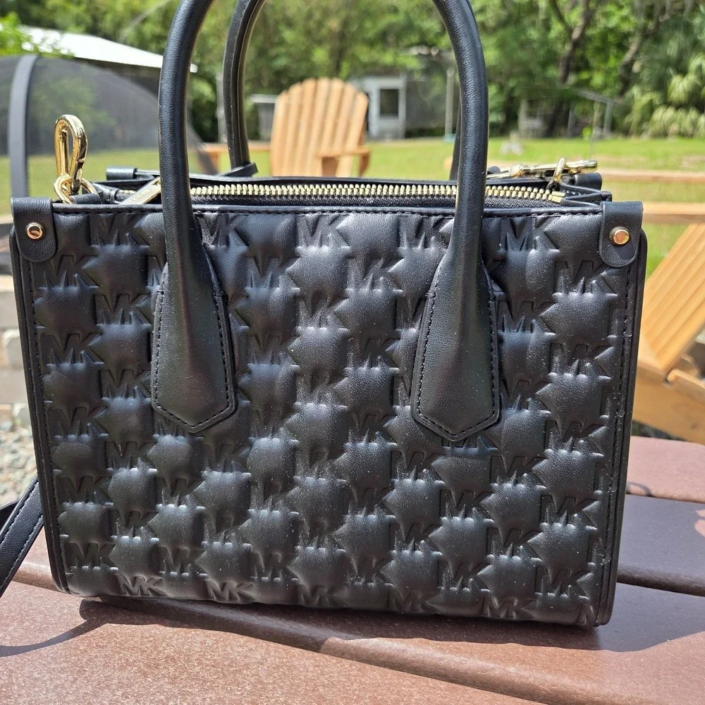 Michael Kors Black Embossed Leather Gold Logo Handbag Purse Maple Satchel - Picture 7 of 16